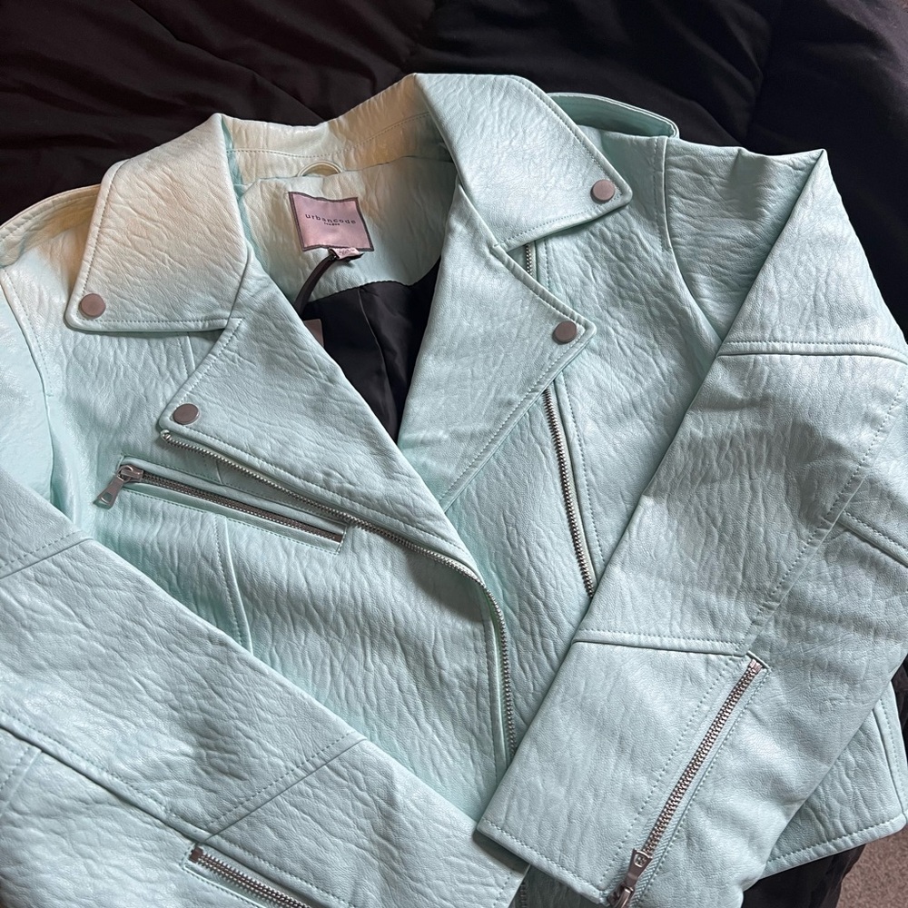 NWT UrbanCode London Leather Jacket TEEL Color Topshop Green Leather Moto Jacket